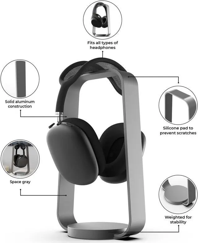 Alt view image 3 of 5 - HumanCentric Headphone Stand Headset Holder in Space Gray, Weighted Aluminum Headphone Holder, Desk Headphone Hanger Displays and Holds Headsets, Works with Most Headphone Brands and Sizes