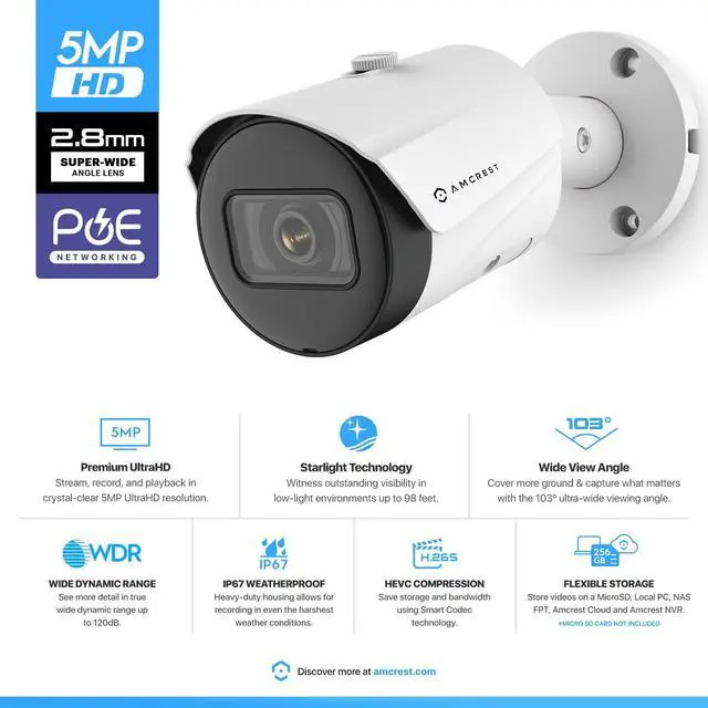 Alt view image 2 of 5 - Amcrest UltraHD 5MP Outdoor POE Camera 2592 x 1944p Bullet IP Security Camera, Outdoor IP67 Waterproof, 103deg Viewing Angle, 2.8mm Lens, 98.4ft Night Vision, 5-Megapixel, IP5M-B1186EW-28MM (White)