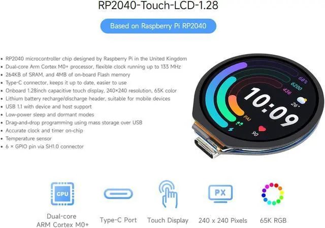 Alt view image 2 of 5 - 1.28inch Round Touch LCD Based on Raspberry Pi RP2040 Microcontroller Chip, 240x240 Pixels 65K RGB Colors IPS Display onboard Type-C Connector, Accelerometer and Gyroscope Sensor etc.