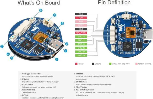Alt view image 4 of 5 - 1.28inch Round Touch LCD Based on Raspberry Pi RP2040 Microcontroller Chip, 240x240 Pixels 65K RGB Colors IPS Display onboard Type-C Connector, Accelerometer and Gyroscope Sensor etc.