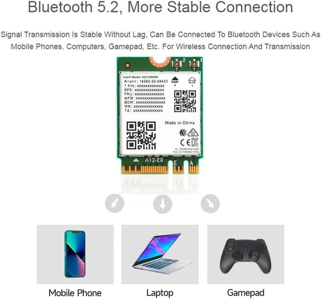 Alt view image 3 of 5 - Wireless AX210 NIC, Gigabit Tri-Band Wi-Fi 6E, 802.11AX Standard, Bluetooth 5.2, AX210 NGW Wifi Card, MU-MIMO NGFF (M.2 A/E Key) Interface,Support Linux, Windows 10/8.1/8/7