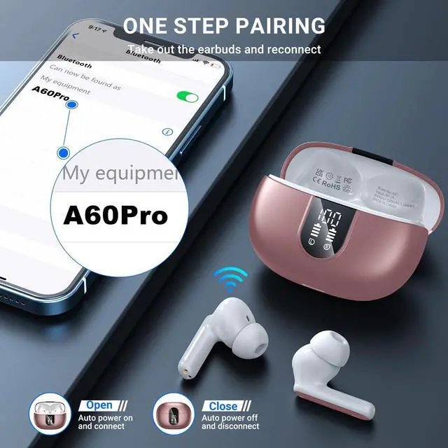 Alt view image 5 of 5 - Wireless Earbuds, 2024 Wireless Headphones HiFi Stereo Earphones with 4 ENC Noise Canceling Mic, 42Hs Playtime In Ear Earbud, Bluetooth 5.3 Sport Earphones with LED Power Display for Android iOS Pink