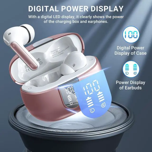 Alt view image 4 of 5 - Wireless Earbuds, 2024 Wireless Headphones HiFi Stereo Earphones with 4 ENC Noise Canceling Mic, 42Hs Playtime In Ear Earbud, Bluetooth 5.3 Sport Earphones with LED Power Display for Android iOS Pink