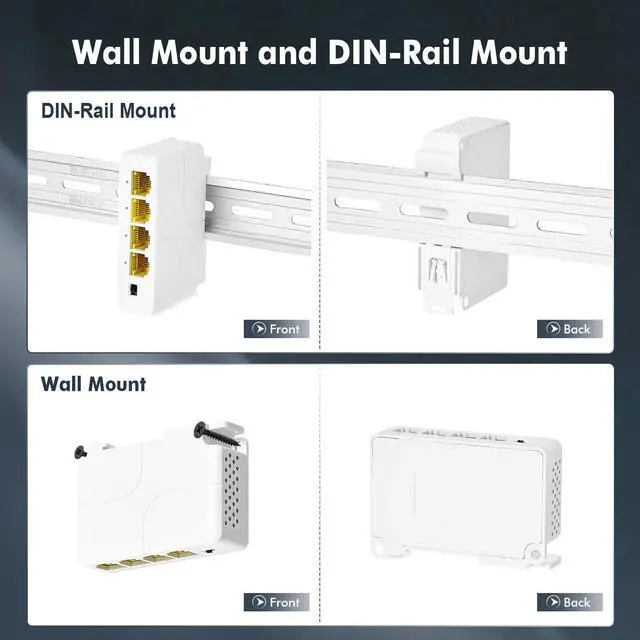 Alt view image 5 of 5 - Gigabit PoE Passthrough Switch, 1 PoE in 3 PoE Out Extender, IEEE802.3af/at PoE Powered, 10/100/1000Mbps Ethernet, din-Rail & Wall Mount
