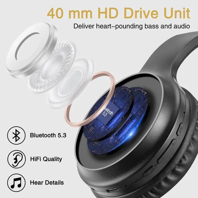Alt view image 4 of 5 - Bingozones A10 Noise Cancelling Headphones Wireless, Black Bluetooth Headset with Mic, Bluetooth 5.3, HiFi Stereo Sound, Deep Bass, 20+H Playtime, Lightweight On Ear Wired Headphones for Tablet/PC
