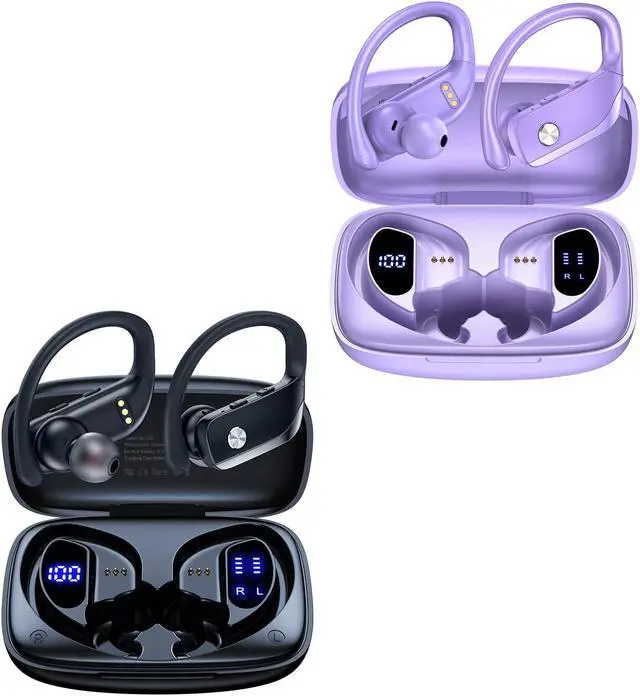 Main image of bmani 2 Sets Wireless Earbuds Bluetooth Headphones 48hrs Play Back Sport Earphones with LED Display Over-Ear Buds with Earhooks Built-in Mic Headset for Workout Black + Purple