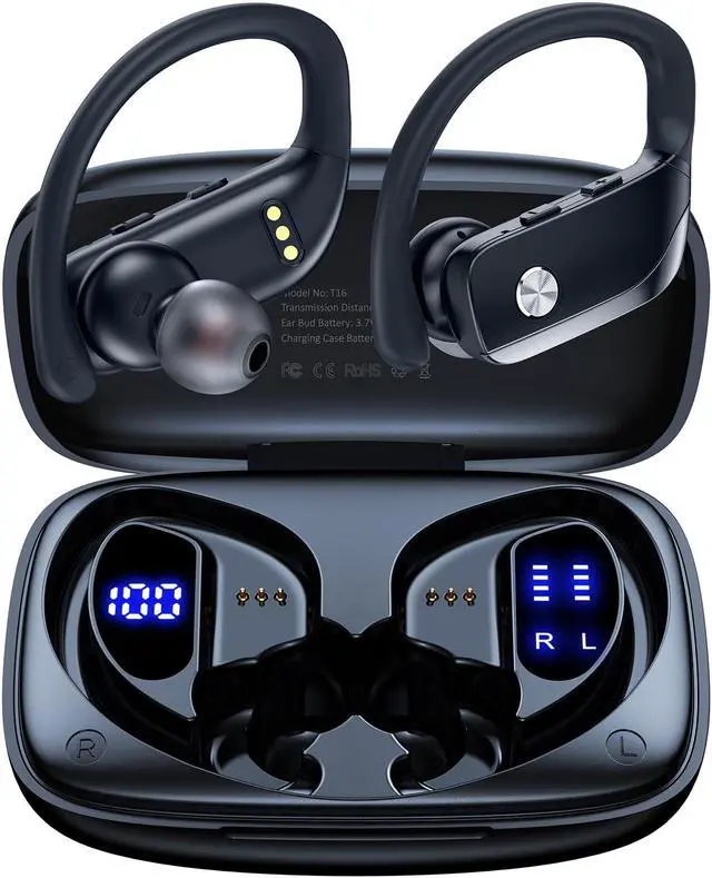 Alt view image 2 of 5 - bmani 2 Sets Wireless Earbuds Bluetooth Headphones 48hrs Play Back Sport Earphones with LED Display Over-Ear Buds with Earhooks Built-in Mic Headset for Workout Black + Purple
