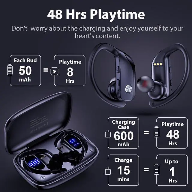 Alt view image 4 of 5 - bmani 2 Sets Wireless Earbuds Bluetooth Headphones 48hrs Play Back Sport Earphones with LED Display Over-Ear Buds with Earhooks Built-in Mic Headset for Workout Black + Purple