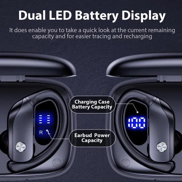 Alt view image 3 of 5 - bmani 2 Sets Wireless Earbuds Bluetooth Headphones 48hrs Play Back Sport Earphones with LED Display Over-Ear Buds with Earhooks Built-in Mic Headset for Workout Black + Purple
