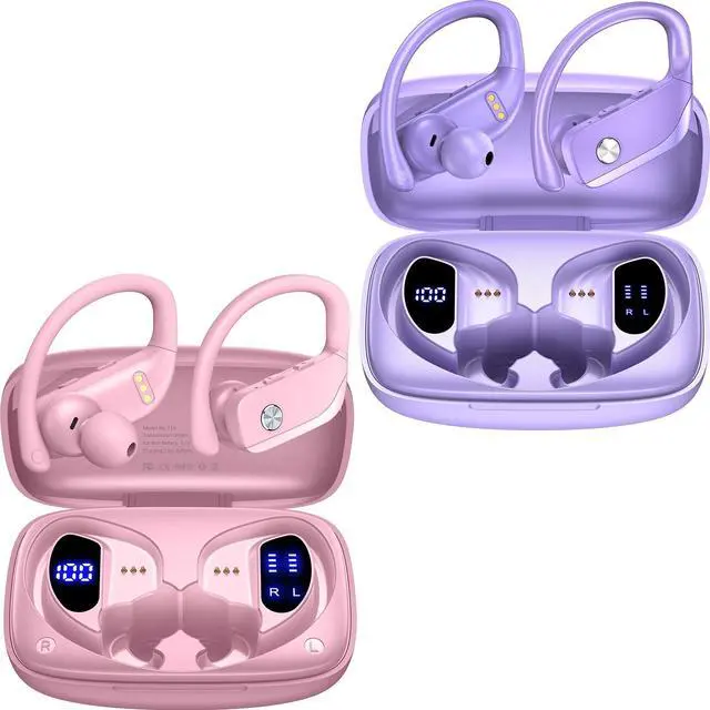 Main image of bmani 2 Sets Wireless Earbuds Bluetooth Headphones 48hrs Play Back Sport Earphones with LED Display Over-Ear Buds with Earhooks Built-in Mic Headset for Workout Pink+Purple