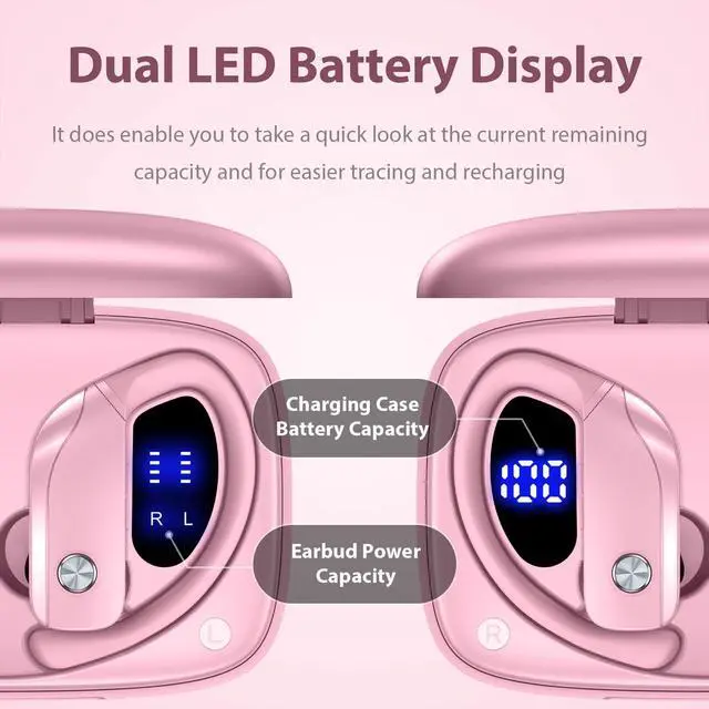 Alt view image 3 of 5 - bmani 2 Sets Wireless Earbuds Bluetooth Headphones 48hrs Play Back Sport Earphones with LED Display Over-Ear Buds with Earhooks Built-in Mic Headset for Workout Pink+Purple