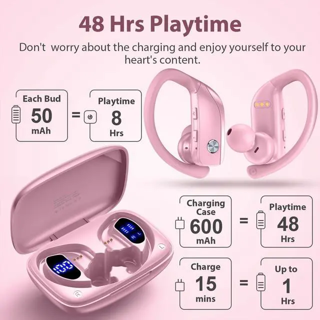 Alt view image 4 of 5 - bmani 2 Sets Wireless Earbuds Bluetooth Headphones 48hrs Play Back Sport Earphones with LED Display Over-Ear Buds with Earhooks Built-in Mic Headset for Workout Pink+Purple