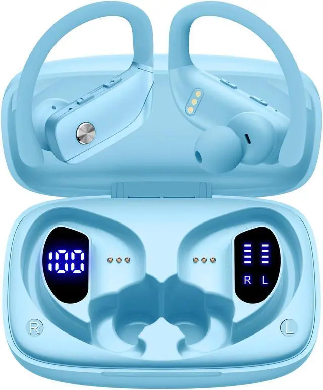 Alt view image 2 of 5 - bmani 2 Sets Wireless Earbuds Bluetooth Headphones 48hrs Play Back Sport Earphones with LED Display Over-Ear Buds with Earhooks Built-in Mic Headset for Workout Sky Blue+Pink