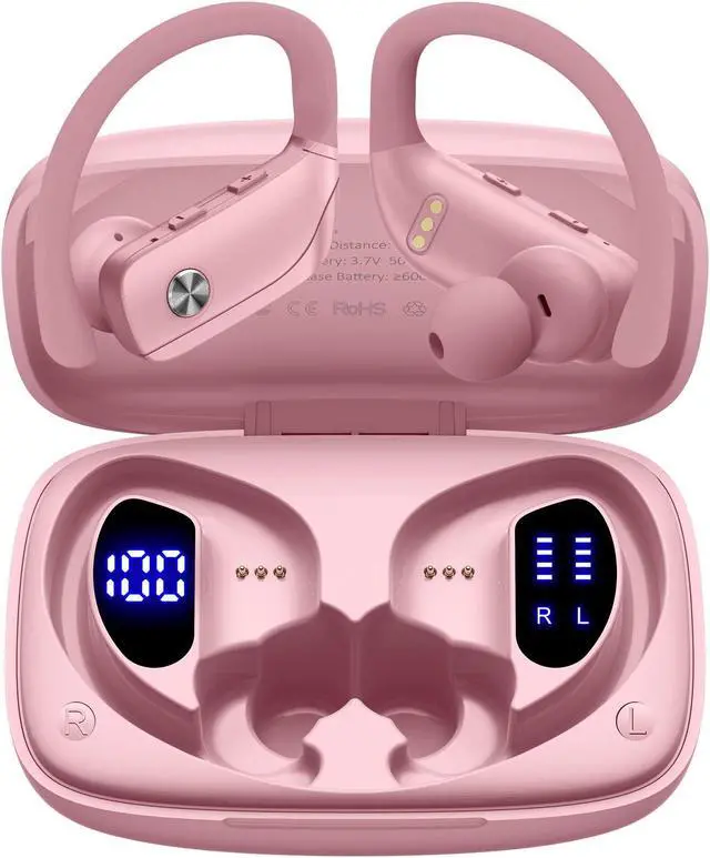 Alt view image 5 of 5 - bmani 2 Sets Wireless Earbuds Bluetooth Headphones 48hrs Play Back Sport Earphones with LED Display Over-Ear Buds with Earhooks Built-in Mic Headset for Workout Sky Blue+Pink