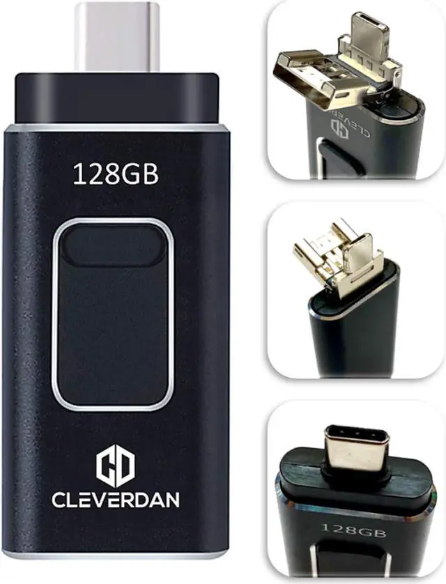 Main image of 4-in-1 iPhone and Android 128GB Photo Stick USB 3.0 Flash Drive - Compatible with All Your Devices! iPhone iPad Samsung Moto Pixel PC Mac (Easy Backup & External Storage + Certified iOS App) Cleverdan