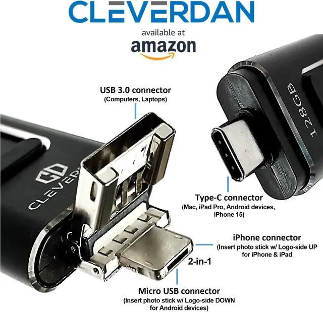 Alt view image 2 of 5 - 4-in-1 iPhone and Android 128GB Photo Stick USB 3.0 Flash Drive - Compatible with All Your Devices! iPhone iPad Samsung Moto Pixel PC Mac (Easy Backup & External Storage + Certified iOS App) Cleverdan