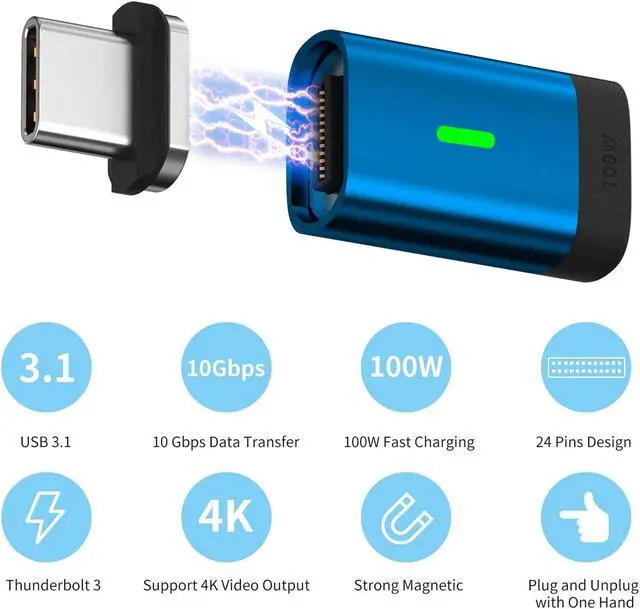 Alt view image 2 of 5 - USB C Magnetic Adapter(2 Pack) 24Pins Magnetic USB C Adapter Straight,PD 100W Fast Charge,USB 3.1 40Gbps Transfer Speed,4K 60Hz Video Output for Thunderbolt 3,MacBook Pro/Air