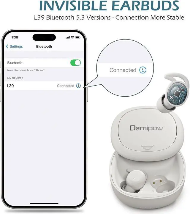 Alt view image 2 of 5 - Damipow Wireless Sleep earbuds, Invisible Bluetooth 5.3 in Ear Sleep Earphones, Noise Blocking Sleeping Headphones for Side Sleepers, Micro Sleepbuds Built-in Mic for Music, Working, Hiking(off-White)
