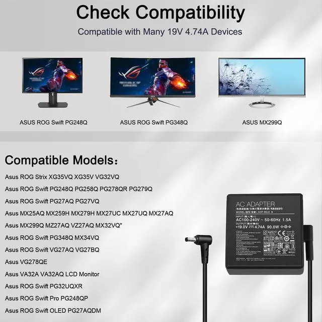 Alt view image 2 of 5 - 90w charger for Asus monitor power cord Asus Rog Strix PG279Q PG279 PG279QZ XG27UQ PG259QN TUF GAMING VG27AQ VG32VQR VG35VQ Vivo AiO V230I V230IC Power adapter ADP-90LE B