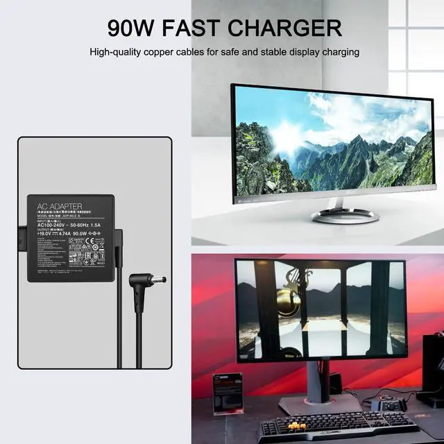 Alt view image 3 of 5 - 90w charger for Asus monitor power cord Asus Rog Strix PG279Q PG279 PG279QZ XG27UQ PG259QN TUF GAMING VG27AQ VG32VQR VG35VQ Vivo AiO V230I V230IC Power adapter ADP-90LE B