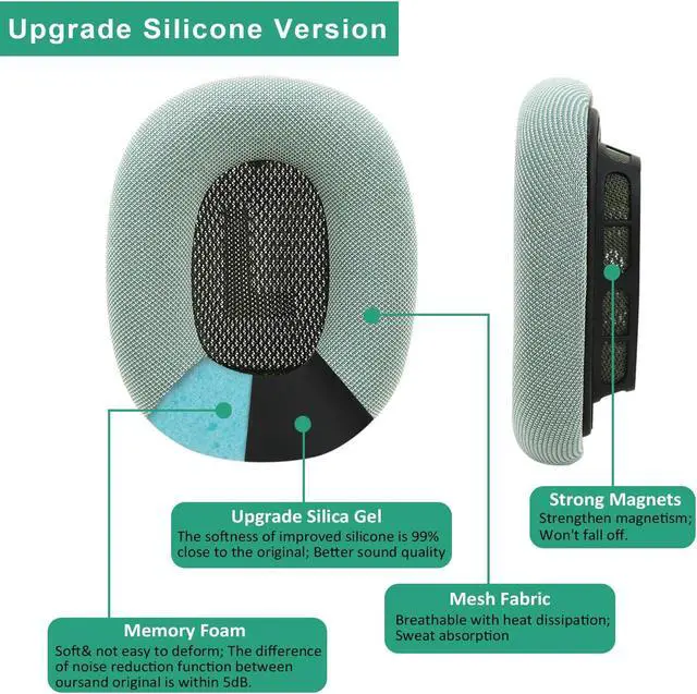 Alt view image 4 of 5 - Upgrade Gel Earcups Ear Pad Covers for Apple AirPods Max with Strong Magnet, Breathable Fabric& Memory Foam (Green)