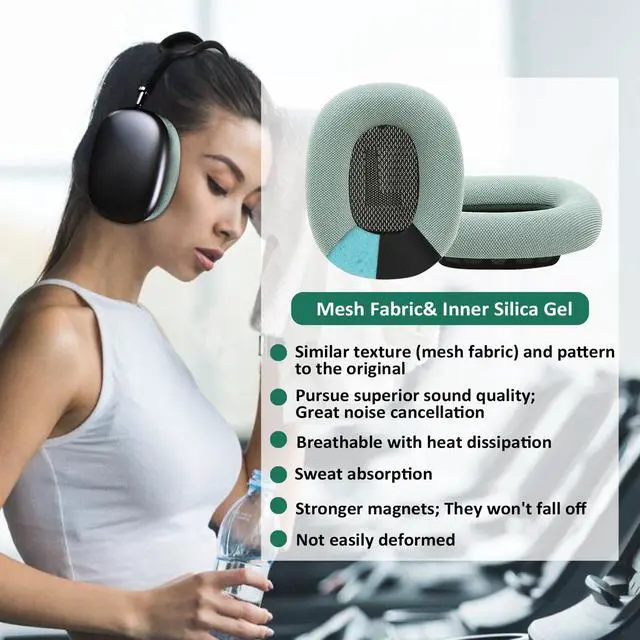 Alt view image 5 of 5 - Upgrade Gel Earcups Ear Pad Covers for Apple AirPods Max with Strong Magnet, Breathable Fabric& Memory Foam (Green)