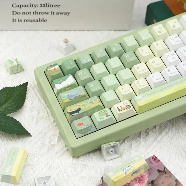 Alt view image 4 of 5 - GEKUCAP Custom PBT Keycaps 130 Keys, Cherry Profile Green Keycap, Dye Sublimation Spring Theme Keycaps Set for Cherry Gateron MX Switches Mechanical Gaming Keyboards