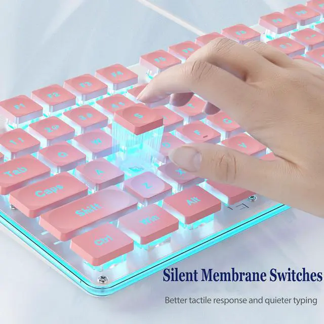 Alt view image 2 of 5 - surmen G1000 Typewriter Backlit Pink Keyboard Full Size 104 Keys with Metal Panel, Silent Membrane Quiet Office Gaming Keyboard USB Wired for PC Desktop Computer(Pink)
