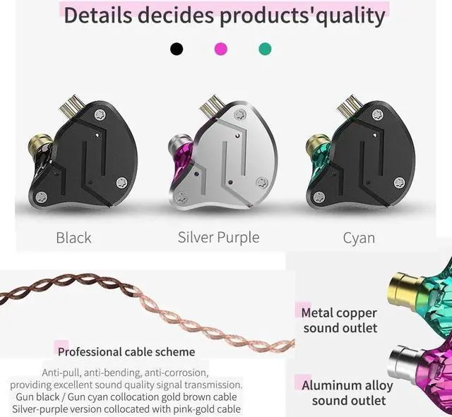 Alt view image 5 of 5 - KZ ZSN IEM Earphones 1BA+1DD Drivers Wired Earbuds, Crystal Clear Sound in Ear Headphones, High Resolution Noise Cancelling Headphones with Detachable Cable (Purple,Without Mic)