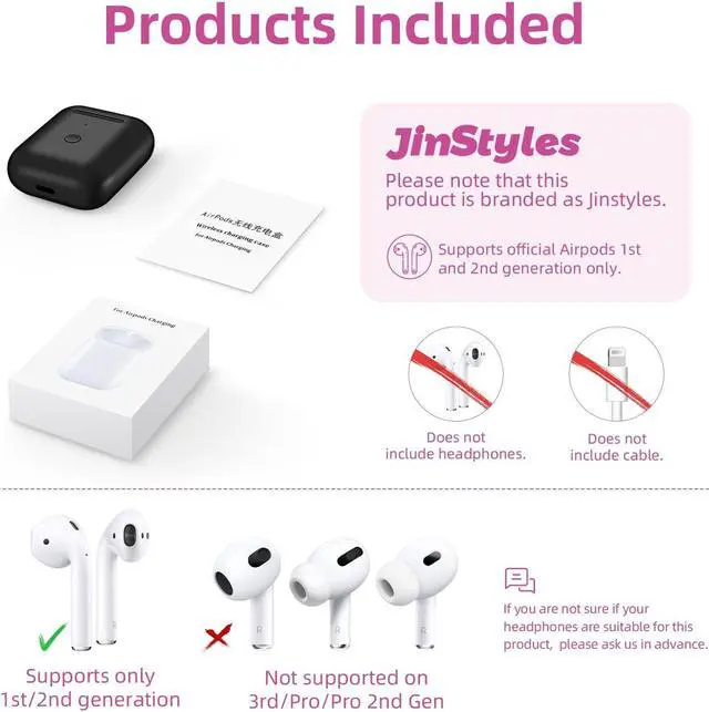 Alt view image 2 of 5 - Jinstyles Wireless Charging Case Replacement Compatible for AirPods 1st & 2nd Generation Charger Case with Bluetooth Sync Pairing Button (Black)