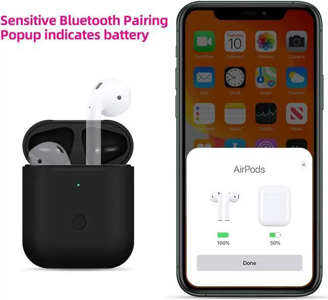 Alt view image 5 of 5 - Jinstyles Wireless Charging Case Replacement Compatible for AirPods 1st & 2nd Generation Charger Case with Bluetooth Sync Pairing Button (Black)