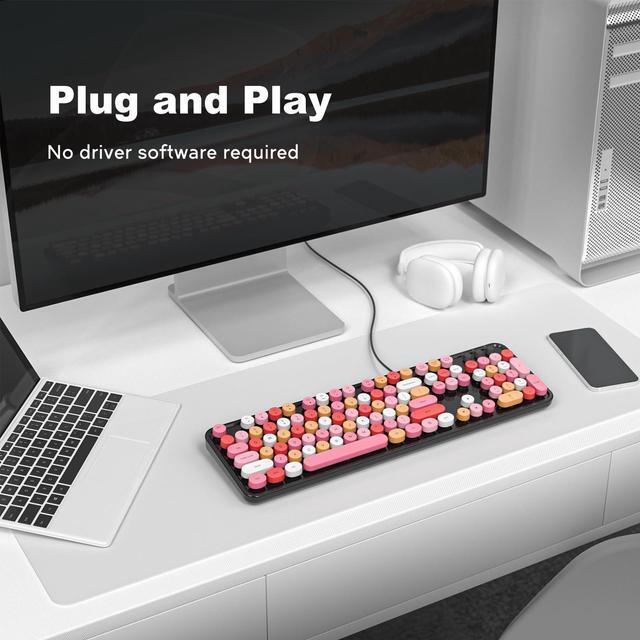 Alt view image 2 of 5 - KNOWSQT Wired Computer Keyboard - Black Colorful Full-Size Round Keycaps Typewriter Cute Keyboards for Windows, Laptop, PC, Desktop, Computer