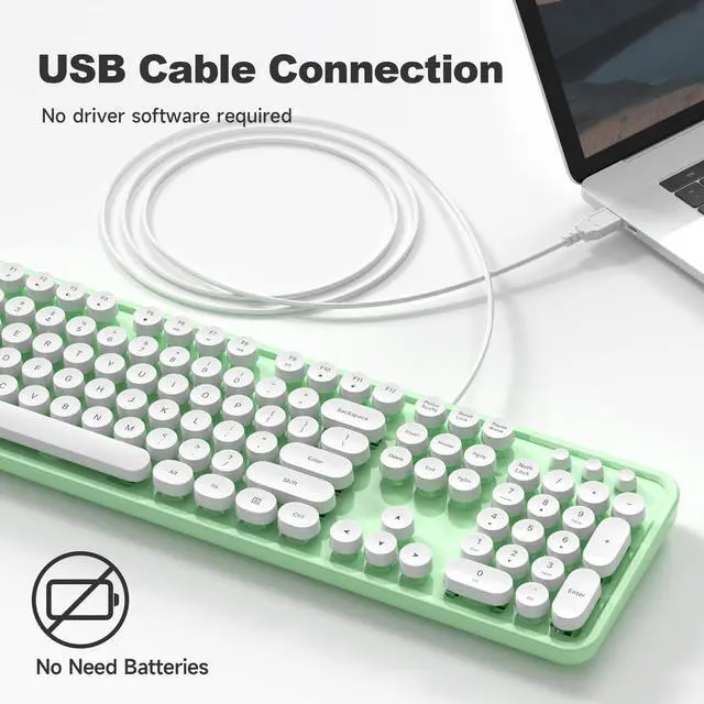 Alt view image 2 of 5 - KNOWSQT Wired Computer Keyboard - Green-White Full-Size Round Keycaps Typewriter Keyboards for Windows, Laptop, PC, Desktop, Mac