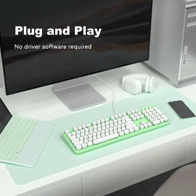 Alt view image 3 of 5 - KNOWSQT Wired Computer Keyboard - Green-White Full-Size Round Keycaps Typewriter Keyboards for Windows, Laptop, PC, Desktop, Mac
