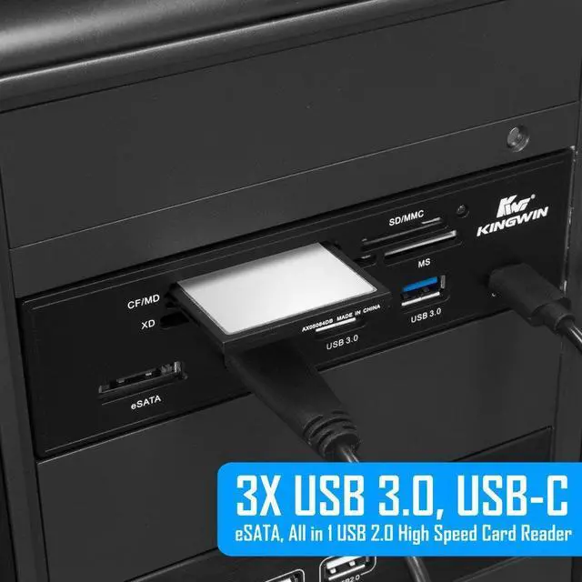 Alt view image 3 of 5 - Kingwin Powered USB Hub 3.0 w/ 1 USB-C Port, SD Card Reader & Micro SD Card Reader - Sata Power Port w/Lightning Speed Data Transfer Up to 5Gbps - 5.25" Computer Case Front Bay, black (KW525-3U3CR)