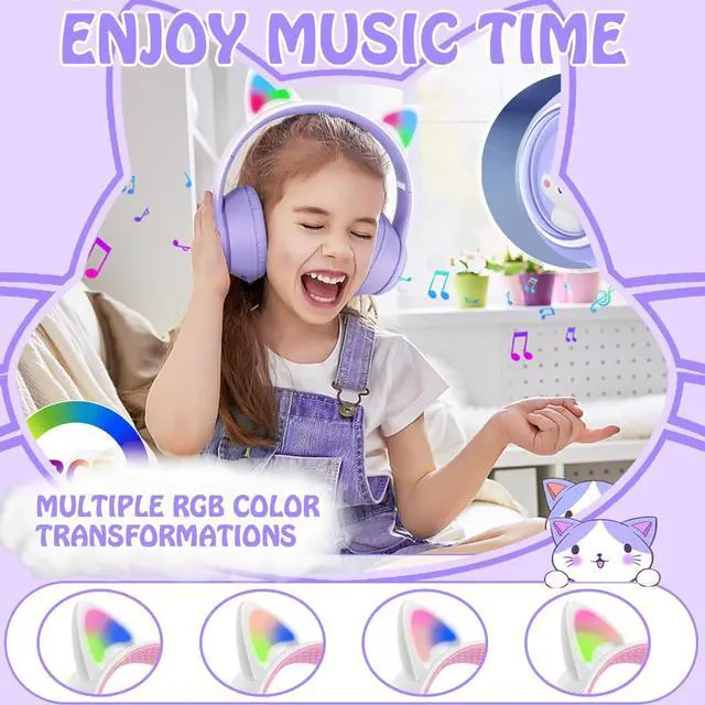 Alt view image 2 of 5 - KUUBEELAA Wireless Cat Ear Headphones, Foldable On-Ear Stereo Wireless Headset,Over-The-Ear Gaming Bluetooth Headphones,HD mic,RGB Lighting,Bluetooth 5.3 Compatible with Smartphones PC Tablet