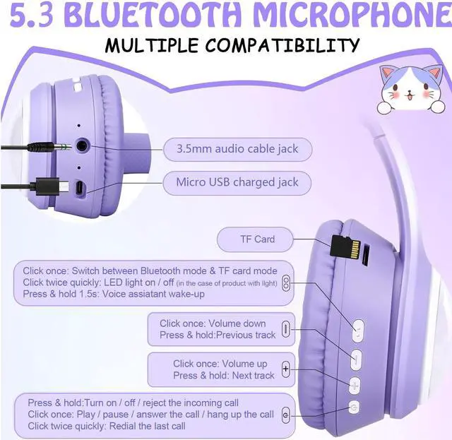 Alt view image 5 of 5 - KUUBEELAA Wireless Cat Ear Headphones, Foldable On-Ear Stereo Wireless Headset,Over-The-Ear Gaming Bluetooth Headphones,HD mic,RGB Lighting,Bluetooth 5.3 Compatible with Smartphones PC Tablet