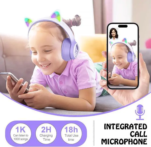 Alt view image 3 of 5 - KUUBEELAA Wireless Cat Ear Headphones, Foldable On-Ear Stereo Wireless Headset,Over-The-Ear Gaming Bluetooth Headphones,HD mic,RGB Lighting,Bluetooth 5.3 Compatible with Smartphones PC Tablet