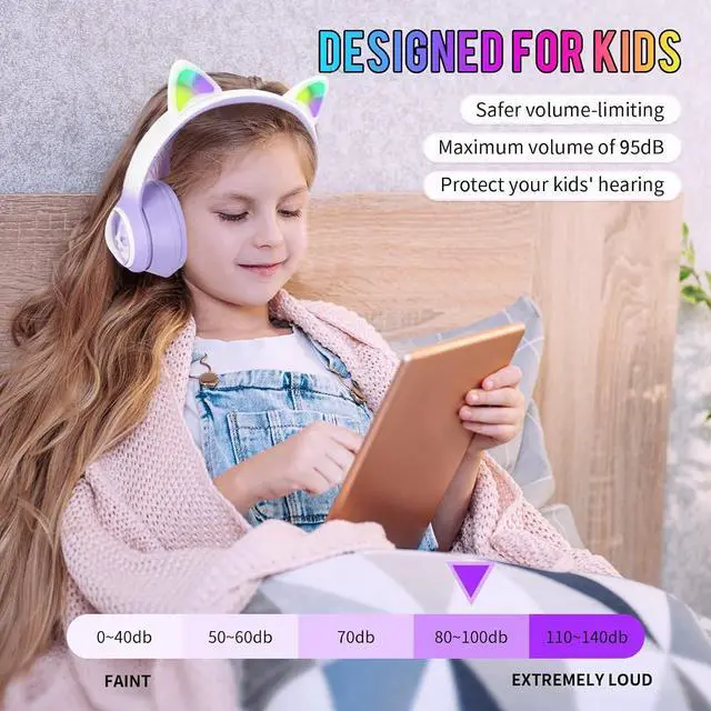 Alt view image 4 of 5 - KUUBEELAA Wireless Cat Ear Headphones, Foldable On-Ear Stereo Wireless Headset,Over-The-Ear Gaming Bluetooth Headphones,HD mic,RGB Lighting,Bluetooth 5.3 Compatible with Smartphones PC Tablet