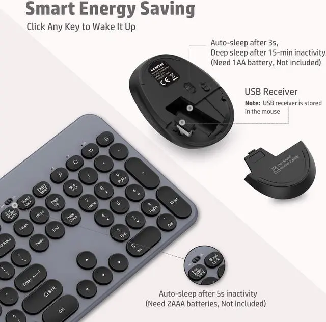 Alt view image 3 of 5 - LeadsaiL Wireless Keyboard and Mouse Combo, Full-Sized Ergonomic Computer Keyboard with Phone Tablet Holder, 2.4GHz Silent Cordless Keyboard Mouse Set for Windows Laptop, PC, Desktop - Grey