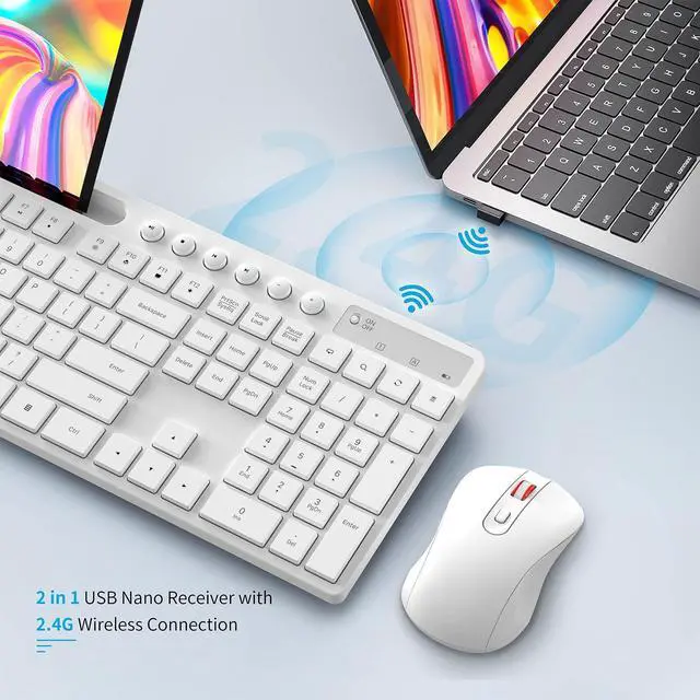 Alt view image 5 of 5 - Wireless Keyboard and Mouse Combo, MARVO 2.4G Ergonomic Wireless Computer Keyboard with Phone Tablet Holder, Silent Mouse with 6 Button, Compatible with MacBook, Windows (White)