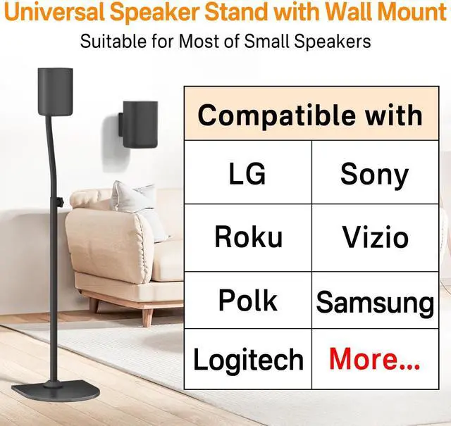 Alt view image 2 of 5 - Universal Surround Sound Speaker Stands Pair Height Adjustable Extend 33" to 42" for Samsung, Vizio, Bose, LG, Roku Small Rear Speakers and Most Satellite Surround Speaker Stands with Wall Bracket