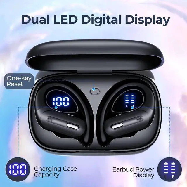 Alt view image 3 of 5 - Wireless Earbuds Bluetooth 5.3 Headphones 90 Hrs Playtime Ear buds with Wireless Charging Case Power Display Over-ear Earphones with Earhooks Waterproof Stereo Headset for Android phone Workout Black