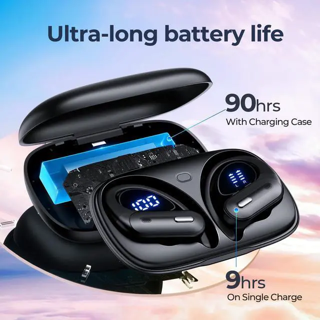 Alt view image 2 of 5 - Wireless Earbuds Bluetooth 5.3 Headphones 90 Hrs Playtime Ear buds with Wireless Charging Case Power Display Over-ear Earphones with Earhooks Waterproof Stereo Headset for Android phone Workout Black