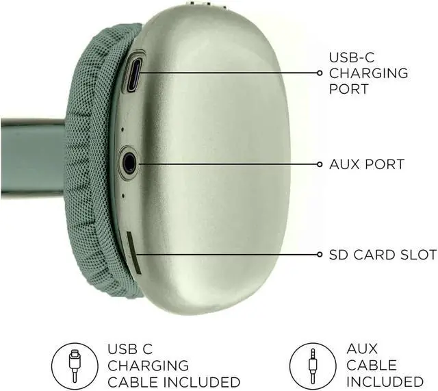 Alt view image 3 of 5 - iJoy Ultra Wireless Headphones with Microphone- Rechargeable Over Ear Wireless Bluetooth Headphones with 10Hr Playtime, SD Slot, Backup Wire- Soft Cushion Wireless Headset with Mic (Green)