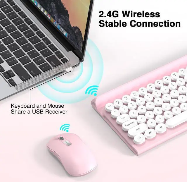 Alt view image 2 of 5 - RaceGT Wireless Typewriter Keyboard and Silent Mouse Combo - Cute Pink Keyboard with Phone Holder, 2.4G USB Computer Keyboard and Mouse Set for Windows Laptop/Desktop/PC