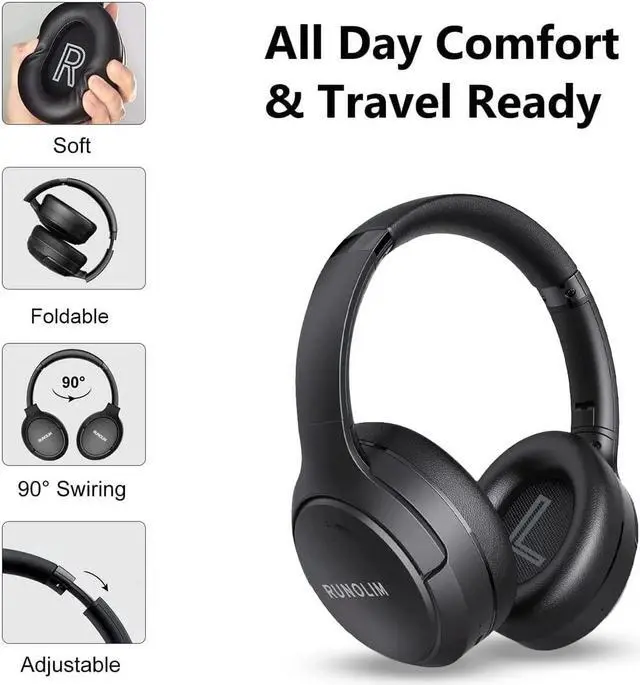 Alt view image 4 of 5 - RUNOLIM Hybrid Active Noise Cancelling Headphones, Wireless Over Ear Bluetooth Headphones with Microphone, 70H Playtime, Foldable Headphone with HiFi Audio, Deep Bass for Home Travel Office