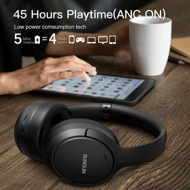 Alt view image 3 of 5 - RUNOLIM Hybrid Active Noise Cancelling Headphones, Wireless Over Ear Bluetooth Headphones with Microphone, 70H Playtime, Foldable Headphone with HiFi Audio, Deep Bass for Home Travel Office
