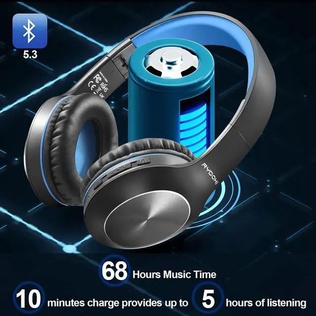 Alt view image 2 of 5 - Rydohi Bluetooth Headphones Over Ear, 68H Playtime 3 EQ Music Modes Wireless Headphones with Microphone/Deep Bass, Foldable Lightweight Headset for PC Home Travel Office(Black Blue)