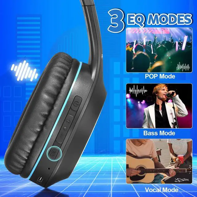 Alt view image 3 of 5 - Rydohi Bluetooth Headphones Over Ear, 68H Playtime 3 EQ Music Modes Wireless Headphones with Microphone/Deep Bass, Foldable Lightweight Headset for PC Home Travel Office(Black Blue)